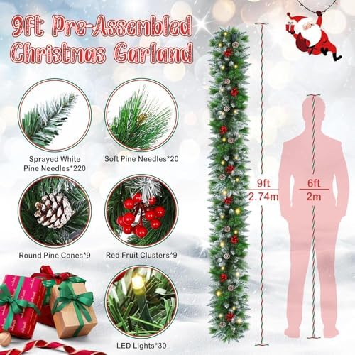 Christmas Garlands,2.7M/ 9FT Christmas Garland, Christmas Garland with Lights, and Berries, for Fireplaces, alternate view 3