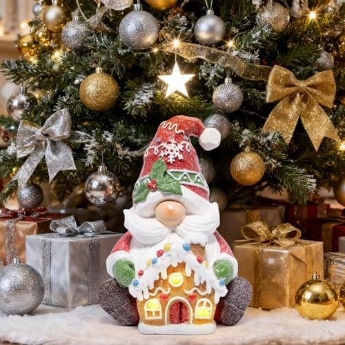 Christmas Gnome Figurine with Gingerbread House, Holiday Elf Decor, alternate view 2