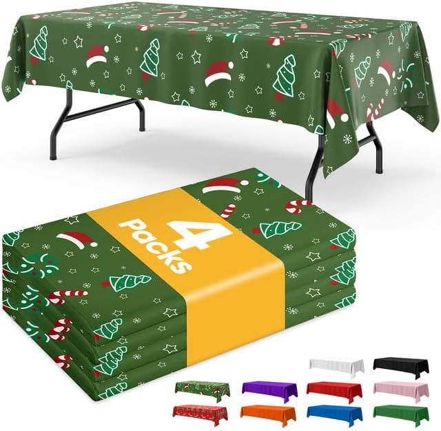 Christmas Green Plastic Table Cloth Disposable, 4 Pack, 54 x 108 in