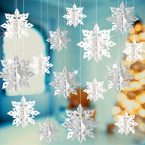 Christmas Hanging Snowflakes Decorations, 15pcs 3D Glitter White Silver Paper Snowflakes Snow Flakes Garland for