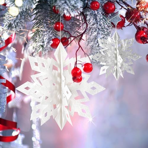Christmas Hanging Snowflakes Decorations, 15pcs 3D Glitter White Silver Paper Snowflakes Snow Flakes Garland for, alternate
