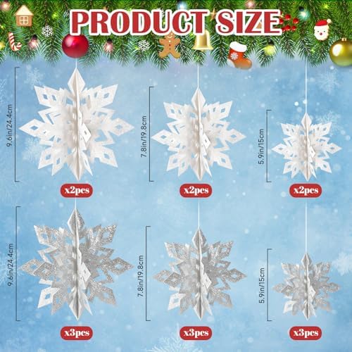 Christmas Hanging Snowflakes Decorations, 15pcs 3D Glitter White Silver Paper Snowflakes Snow Flakes Garland for, alternate