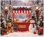 Christmas Hot Cocoa Bar Backdrop 10x8ft, Winter Snowy Forest Xmas Tree Hot Chocolate Cookie Shop Snowman