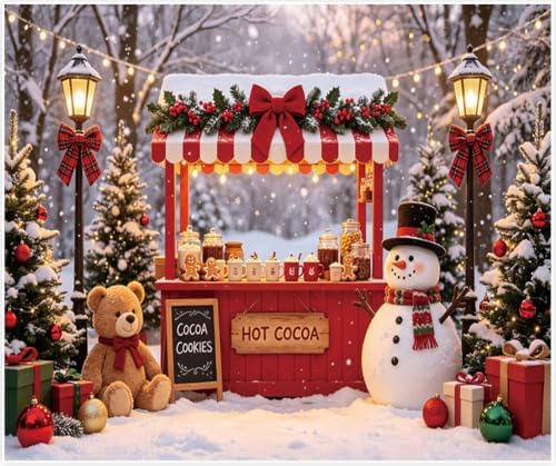 Christmas Hot Cocoa Bar Backdrop 10x8ft, Winter Snowy Forest Xmas Tree Hot Chocolate Cookie Shop Snowman