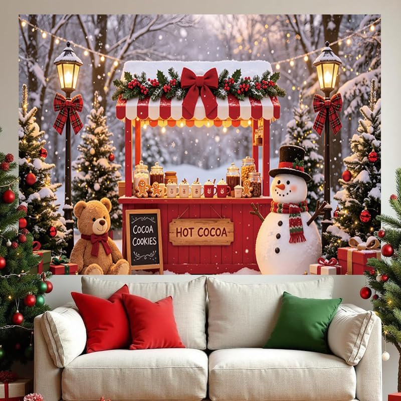 Christmas Hot Cocoa Bar Backdrop 10x8ft, Winter Snowy Forest Xmas Tree Hot Chocolate Cookie Shop Snowman, alternate view 6