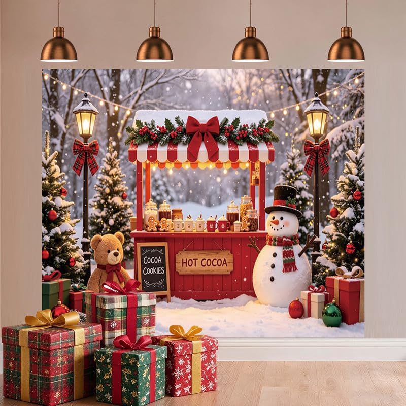 Christmas Hot Cocoa Bar Backdrop 10x8ft, Winter Snowy Forest Xmas Tree Hot Chocolate Cookie Shop Snowman, alternate view 7