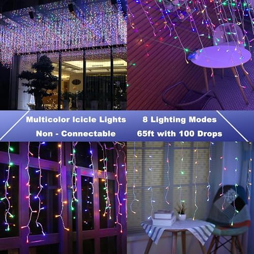 Christmas Icicle Lights - 65Ft Christmas Lights, Multicolor, alternate view 2