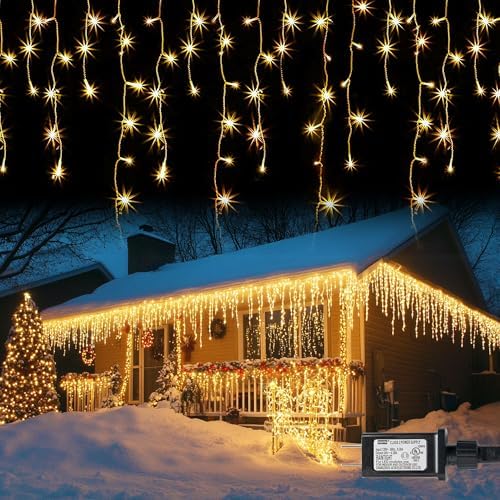 Christmas Icicle Lights, 88.5 FT 1080 LED 8 Modes Curtain Fairy Lights with 180 Drops, Xmas String Lights for