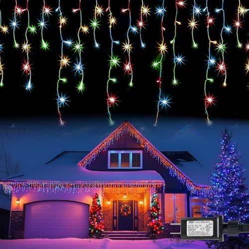 Christmas Icicle Lights, 88.5 FT 1080 LED 8 Modes Curtain Fairy Lights with 180 Drops, Xmas String Lights for