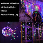 Christmas Icicle Lights Outdoor, 1224 LED 100ft 8 Modes Fairy Icicle String Light with 204 Drops, Led Christmas, alternate