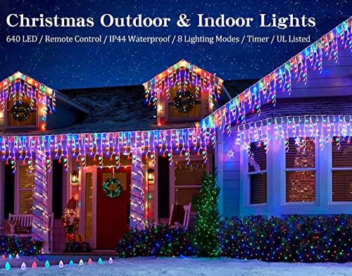 Christmas Icicle Lights Outdoor,640 LED 65.6 FT 8 Modes with Remote Control, Curtain Fairy String Lights for, alternate view