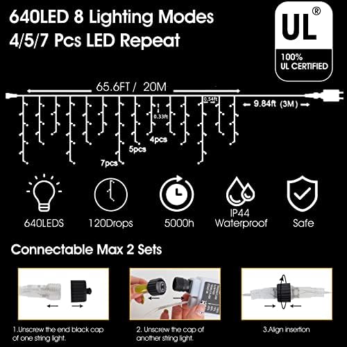 Christmas Icicle Lights Outdoor,640 LED 65.6 FT 8 Modes with Remote Control, Curtain Fairy String Lights for, alternate view