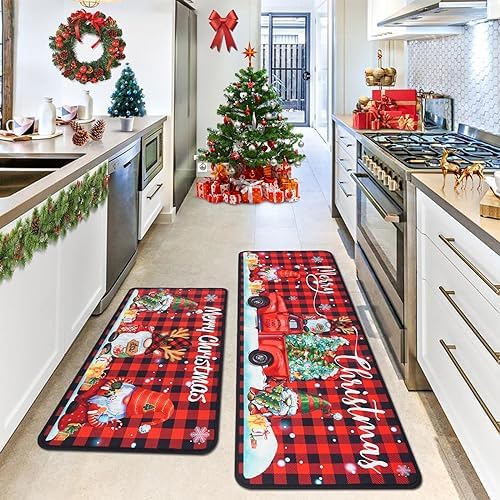 Christmas Kitchen Mats, Merry Christmas Kitchen Rugs Set of 2 - Red Black Buffalo Plaid Christmas Kitchen Decor