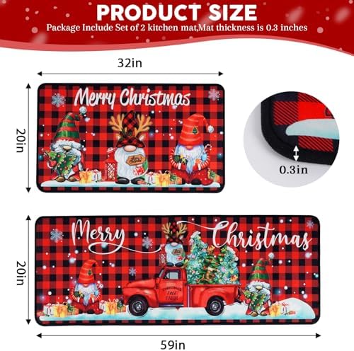Christmas Kitchen Mats, Merry Christmas Kitchen Rugs Set of 2 - Red Black Buffalo Plaid Christmas Kitchen Decor, alternate