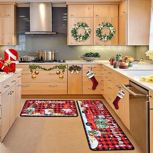 Christmas Kitchen Mats, Merry Christmas Kitchen Rugs Set of 2 - Red Black Buffalo Plaid Christmas Kitchen Decor, alternate