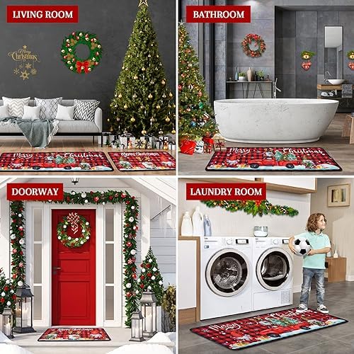 Christmas Kitchen Mats, Merry Christmas Kitchen Rugs Set of 2 - Red Black Buffalo Plaid Christmas Kitchen Decor, alternate