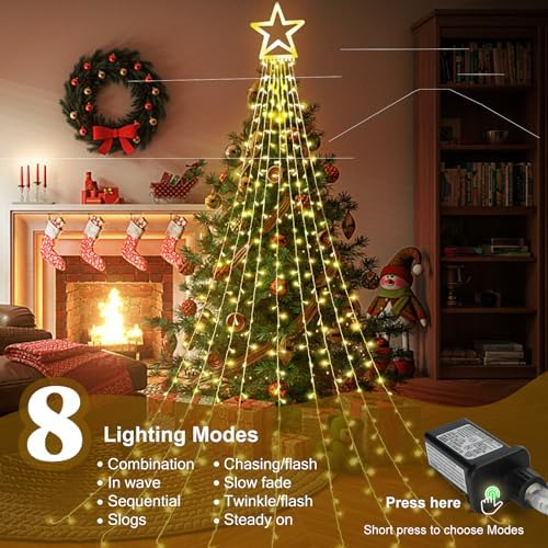 Christmas Lights, 320 LED String Lights with 12" Plastic Star Tree Topper, 8 Modes Outdoor Waterproof Christmas, alternate