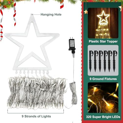 Christmas Lights, 320 LED String Lights with 12" Plastic Star Tree Topper, 8 Modes Outdoor Waterproof Christmas, alternate