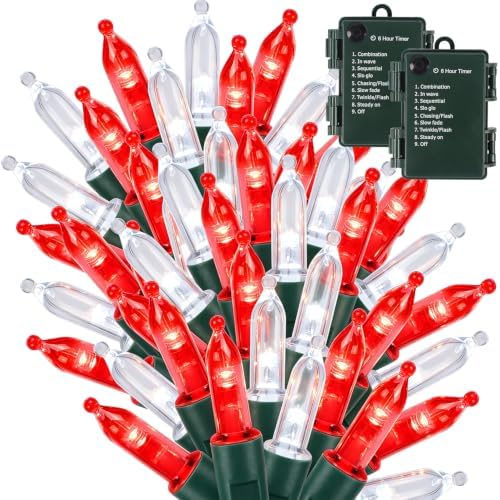 Christmas Lights Battery Operated, 50LED 16ft (2Pack, Red & White)