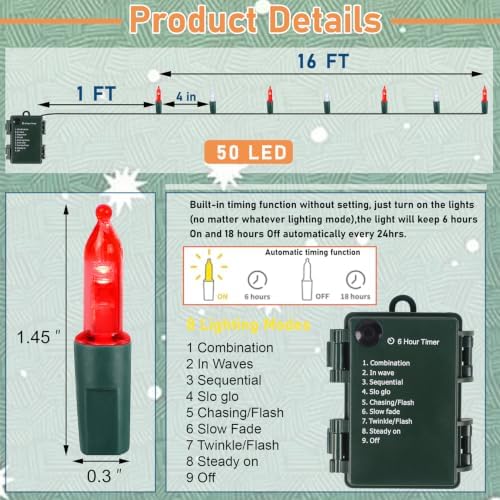 Christmas Lights Battery Operated, 50LED 16ft (2Pack, Red & White), alternate view 3