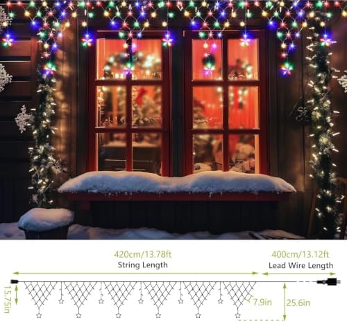 Christmas Lights Outdoor 13.8ft 218 LED Connectable String Lights with 11 Drops, Window Curtain Fairy Light with, alternate