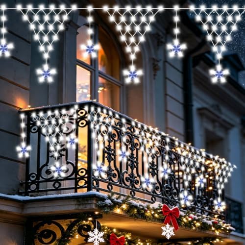 Christmas Lights Outdoor, 218 LED 13.8ft 8 Modes Curtain String Lights with 12 Drops Star, Plug-in Christmas