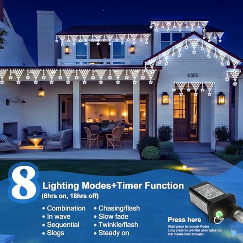 Christmas Lights Outdoor, 218 LED 13.8ft 8 Modes Curtain String Lights with 12 Drops Star, Plug-in Christmas, alternate view
