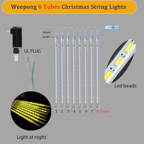 Christmas Lights Outdoor Falling Rain Meteor Shower Lights 12 inch 8 Tube 192 LED Snowfall Icicle Cascading, alternate view 5