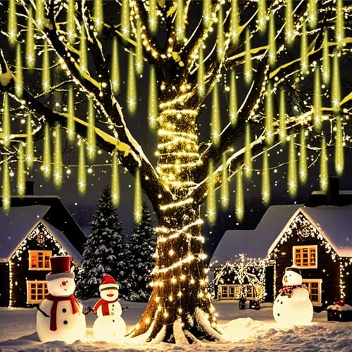 Christmas Lights Outdoor Falling Rain Meteor Shower Lights 12 inch 8 Tube 192 LED Snowfall Icicle Cascading, alternate view 6