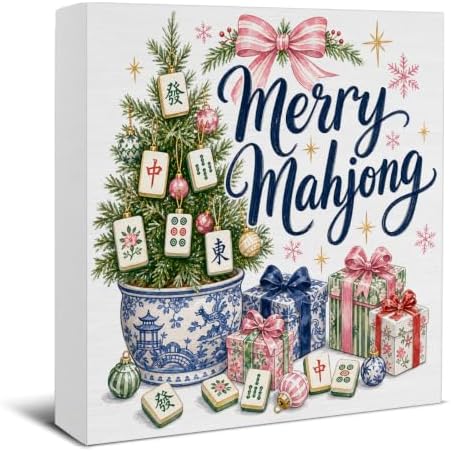 Christmas Mahjong Decor, Chinoiserie Christmas Tree Wooden Sign Decorations