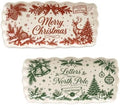 Christmas Melamine Serving Trays Set of 2, 15.5x8 in Scalloped Platters in North Pole Red & Green