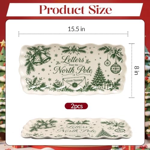 Christmas Melamine Serving Trays Set of 2, 15.5x8 in Scalloped Platters in North Pole Red & Green, alternate view 2