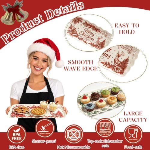 Christmas Melamine Serving Trays Set of 2, 15.5x8 in Scalloped Platters in North Pole Red & Green, alternate view 3