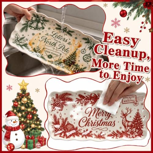 Christmas Melamine Serving Trays Set of 2, 15.5x8 in Scalloped Platters in North Pole Red & Green, alternate view 6