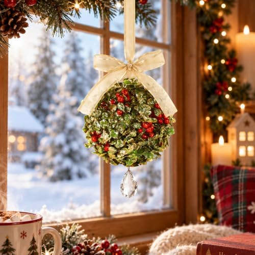 Christmas Mistletoe Decoration Artificial Mistletoe Hanging Crystal Ornament Kissing Ball with Berry Bow for, alternate view