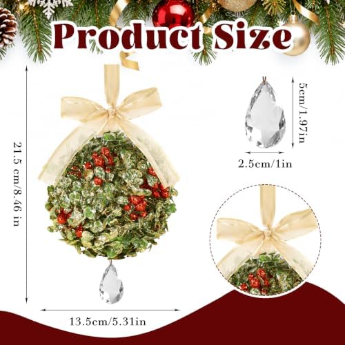 Christmas Mistletoe Decoration Artificial Mistletoe Hanging Crystal Ornament Kissing Ball with Berry Bow for, alternate view