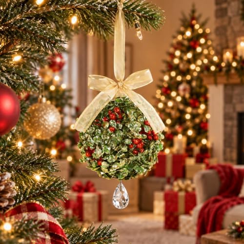 Christmas Mistletoe Decoration Artificial Mistletoe Hanging Crystal Ornament Kissing Ball with Berry Bow for, alternate view