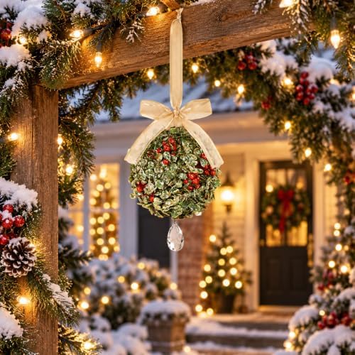 Christmas Mistletoe Decoration Artificial Mistletoe Hanging Crystal Ornament Kissing Ball with Berry Bow for, alternate view