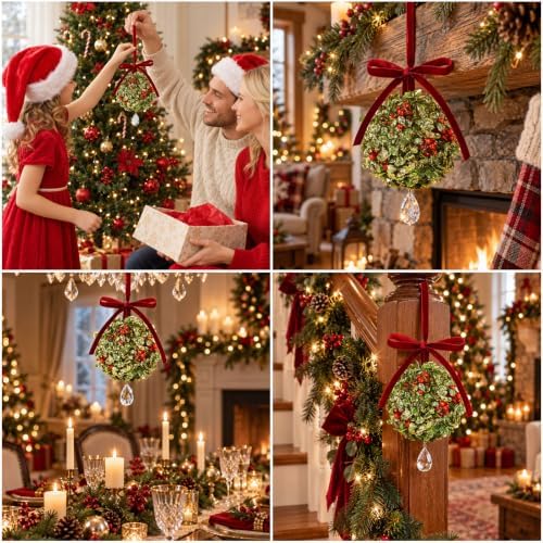 Christmas Mistletoe Decoration Artificial Mistletoe Hanging Crystal Ornament Kissing Ball with Berry Bow for, alternate view
