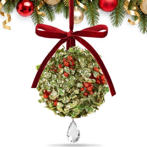 Christmas Mistletoe Decoration Artificial Mistletoe Hanging Crystal Ornament Kissing Ball with Berry Bow for