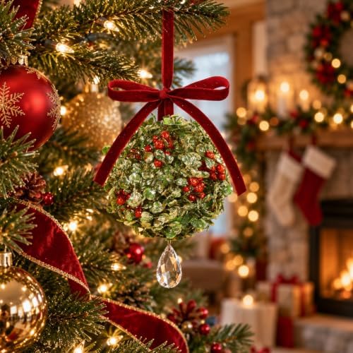 Christmas Mistletoe Decoration Artificial Mistletoe Hanging Crystal Ornament Kissing Ball with Berry Bow for, alternate view