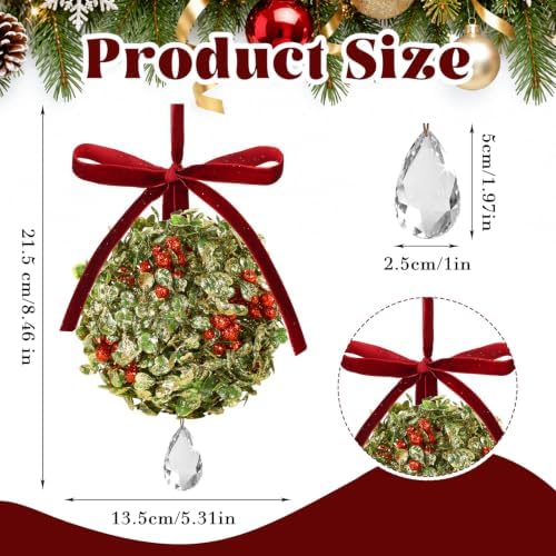 Christmas Mistletoe Decoration Artificial Mistletoe Hanging Crystal Ornament Kissing Ball with Berry Bow for, alternate view