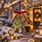 Christmas Mistletoe Decoration Artificial Mistletoe Hanging Crystal Ornament Kissing Ball with Berry Bow for, alternate view
