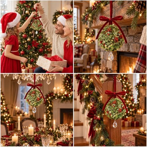 Christmas Mistletoe Decoration Artificial Mistletoe Hanging Crystal Ornament Kissing Ball with Berry Bow for, alternate view