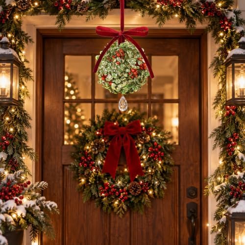 Christmas Mistletoe Decoration Artificial Mistletoe Hanging Crystal Ornament Kissing Ball with Berry Bow for, alternate view