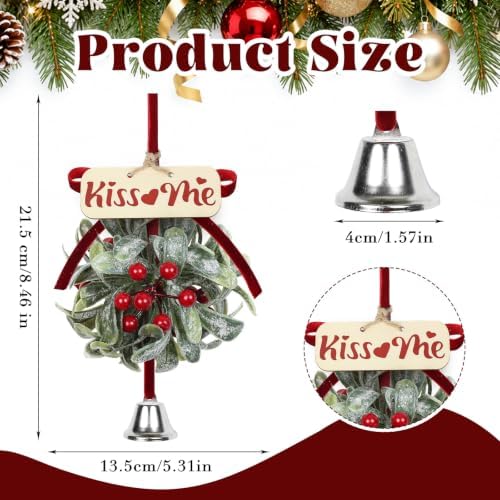 Christmas Mistletoe Decoration Artificial Mistletoe Hanging Ornament Kissing Ball with Berry Bow Silver Bell, alternate view