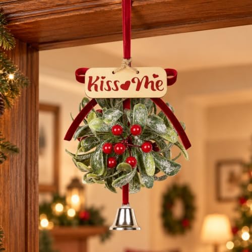 Christmas Mistletoe Decoration Artificial Mistletoe Hanging Ornament Kissing Ball with Berry Bow Silver Bell, alternate view
