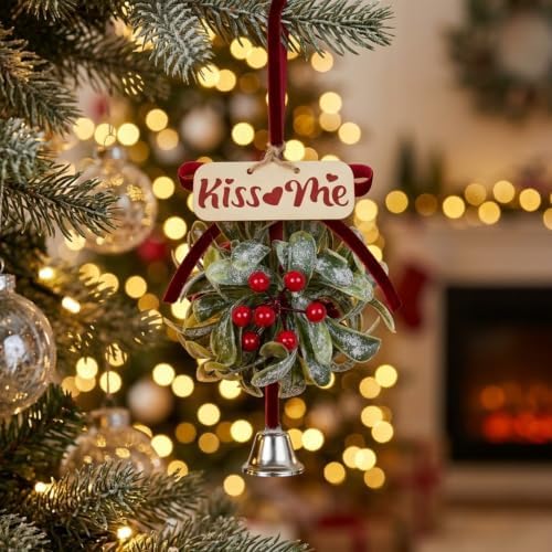 Christmas Mistletoe Decoration Artificial Mistletoe Hanging Ornament Kissing Ball with Berry Bow Silver Bell, alternate view