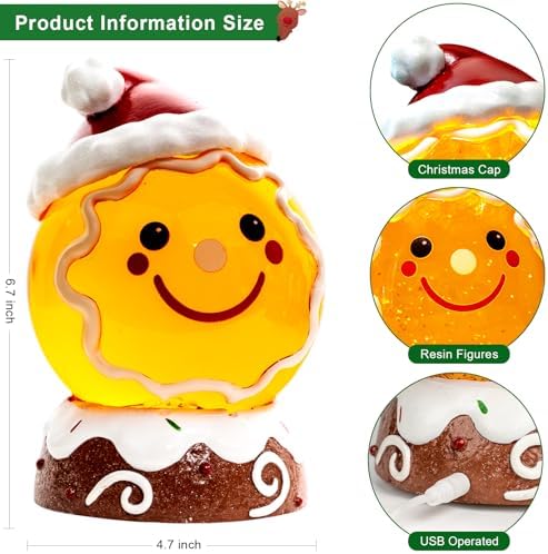 Christmas Music Snowglobe Water Lantern Gingerbread Man Smiling Wind Lantern with Christmas Hat Decoration Table, alternate