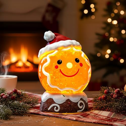 Christmas Music Snowglobe Water Lantern Gingerbread Man Smiling Wind Lantern with Christmas Hat Decoration Table, alternate
